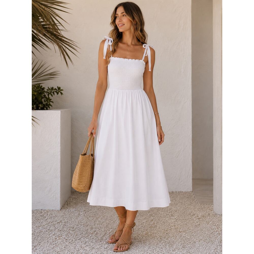ASTR The Label Harper Smocked Tie Strap Midi Dress - White - Size M - Picture 2 of 10